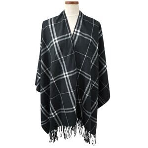 Black White Plaid Fringe Wrap Shawl Blanket Scarf One Size Cozy Oversize Vintage